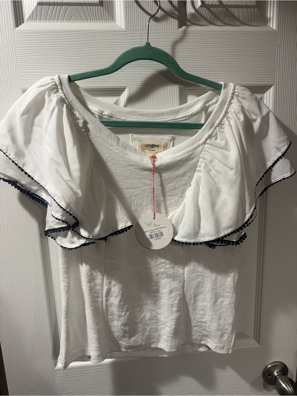 Umgee White Off-Shoulder Crop Top with Navy Trim